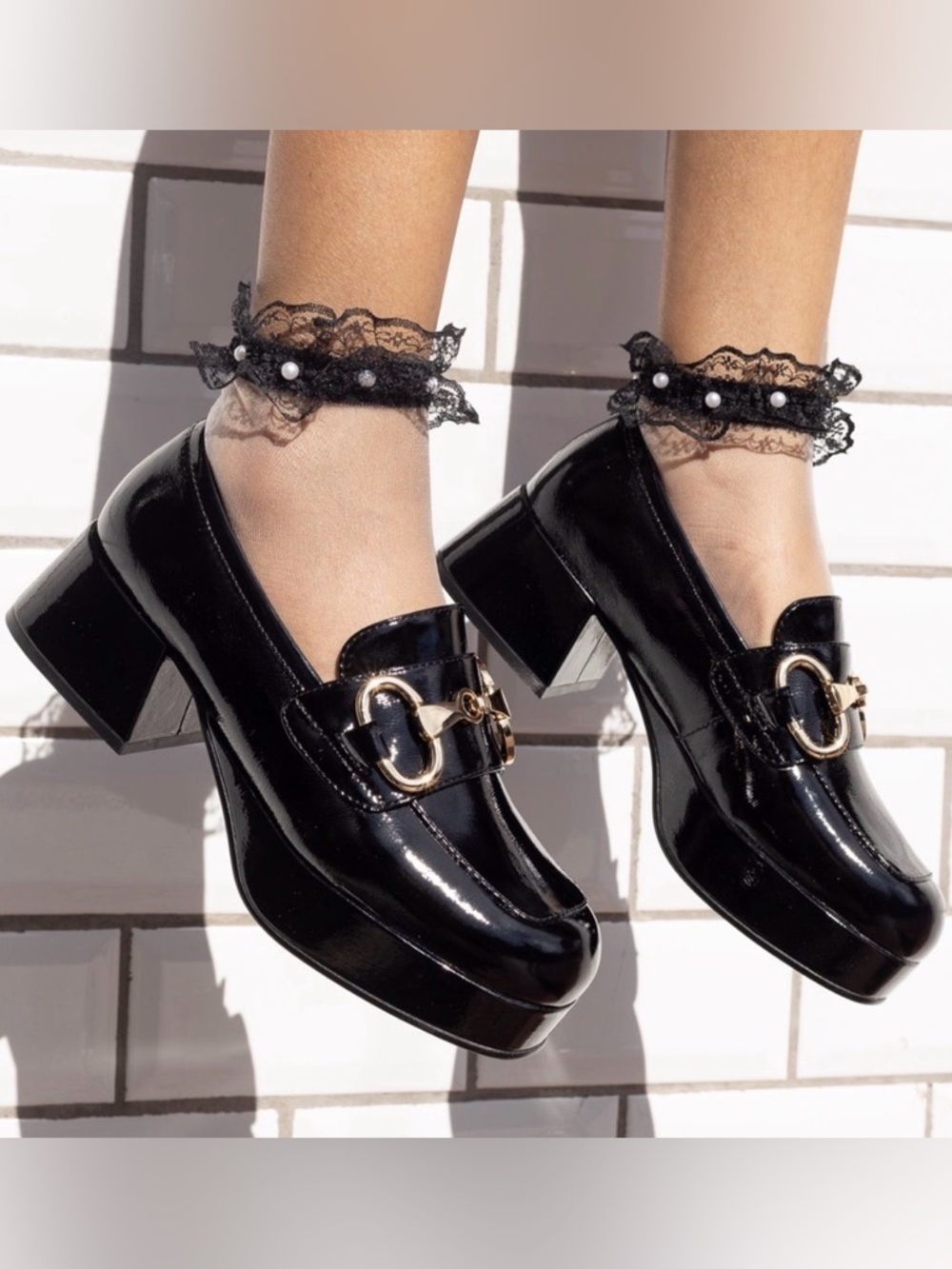Jeffrey Campbell Student Crinkle Patent Leather Black Platform Loafers Gold 8
